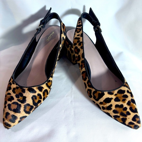 ALDO Sz 10 Slingback Animal Print Pony Hair Block Heel Pointy Toe Buckle Closure - Picture 1 of 9